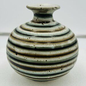 Otagiri OMC Japan Miniature 4" Bud Vase Blue Brown Striped Gold Sticker Vintage